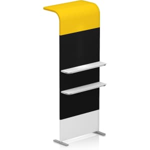 A tall display stand featuring a yellow top, black middle, and white base, with three white shelves.