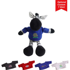 A zebra plush toy with black and white stripes, wearing a blue custom T-shirt. Multiple additional shirt colours are displayed below.