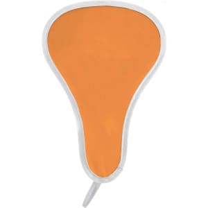An orange foldable event fan with a white trim and a handle. It features a logo on the fan's surface.