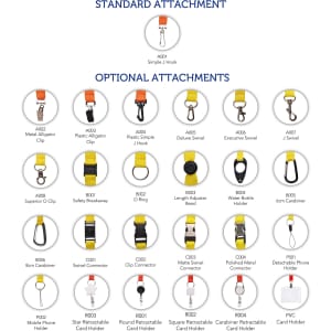 A variety of lanyard attachments displayed, featuring colours like yellow and orange, with different connector options.