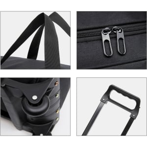 A black wheeled duffel bag featuring zip closures, handle, and wheels for easy transport. Includes branding details.