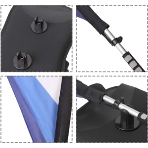 A black rectangle backpack with blue accents, featuring mounting points and adjustable straps. It includes a logo.