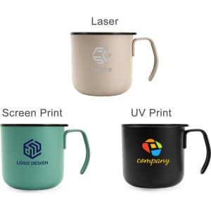 A stainless steel insulated mug in tan, green, and black, each featuring different logos and prints.