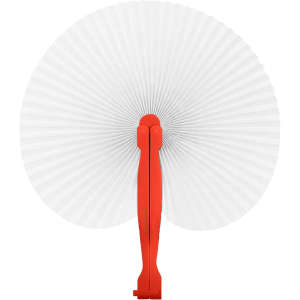 A peach-shaped plastic paper fan featuring a red handle and a white fan surface. It has a logo on the handle.
