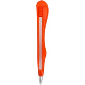 An orange knife-shaped ballpoint pen with a silver tip and a clip on the side. It features a branding logo.