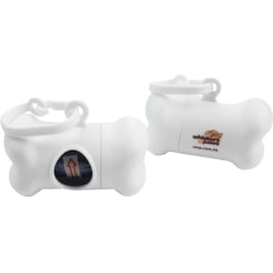 A white bone-shaped pet waste bag dispenser with a circular opening and a logo.