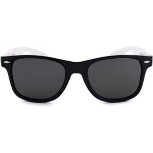 Stylish sunglasses featuring a black frame with grey lenses and a white interior. The design includes a logo.
