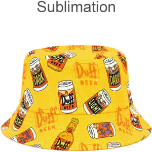 A yellow bucket hat with a vibrant beer can pattern and a logo. Suitable for outdoor wear.