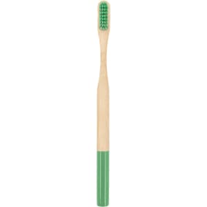 A large bamboo toothbrush with a green handle and bristles. It features a logo on the handle.