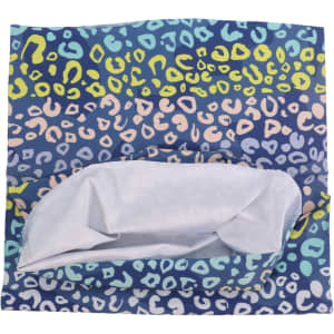 A multicoloured brushed Lycra warm gaiter with a blue, green, and pink leopard print design and a white interior.