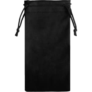 A black RPET lens pouch with a drawstring closure. It features a simple design and a logo.