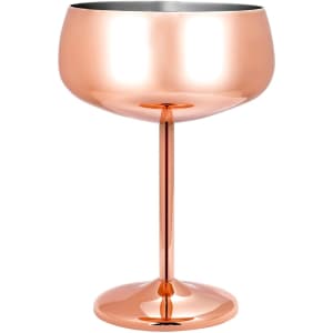 A stainless steel cocktail coupe in a polished copper finish, featuring a sleek stem and base, with an inner metallic surface.