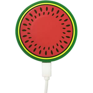 A custom-shaped PVC wireless charger designed as a watermelon slice, featuring red and green colours with a logo.