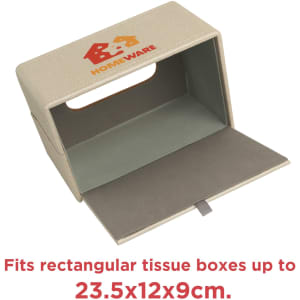 A large rectangular tissue box in a beige colour with a built-in handle and an interior lining. It has branding on the exterior.