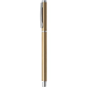 A gold aluminium gel pen with a silver clip and a smooth finish, featuring a logo on the barrel.