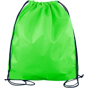 A bright green polyester drawstring bag with black drawstrings and a simple design, featuring a logo.