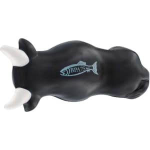 A black bull-shaped stress reliever with white horns and a logo on its side.