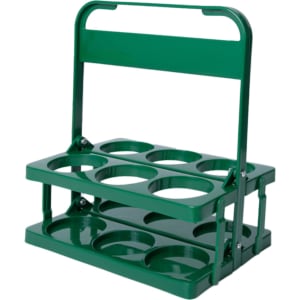 A green foldable beer basket with compartments for holding drink bottles and a handle for carrying.
