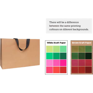 A small brown paper bag with a flat black handle, featuring colour samples for printing options.