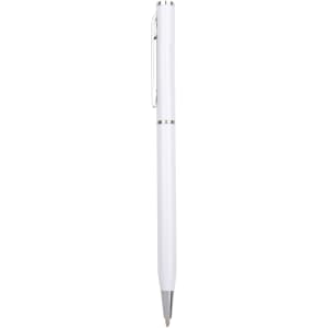 A sleek white aluminium cross pen with silver accents and a logo. Ideal for writing.