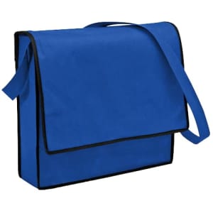 A blue non-woven sling bag with a black trim and adjustable strap. It features a flap closure and a logo.