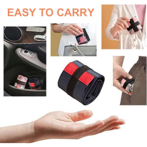 A foldable shopping shoulder bag in navy and red, compactly rolled and easily held in a hand. It includes a branding logo.