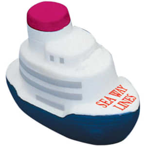 A white and blue ship-shaped stress reliever with a pink top and a logo on the side.