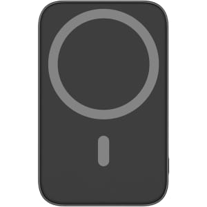 A black 5000mAh magnetic wireless power bank with a circular design and a small button. It features a logo.