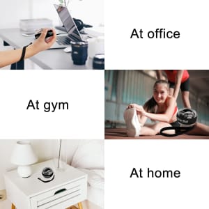 A Powerful Wrist Ball in black, designed for fitness, displayed in an office, gym, and home setting.