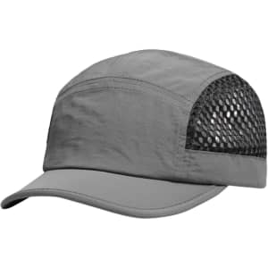 A grey short brimmed running cap with a breathable mesh panel at the back and a logo on the side.