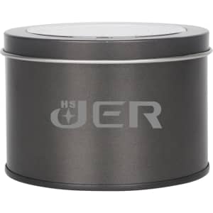 A medium silver tin can with a transparent window, featuring a logo on the surface.