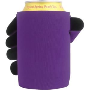 A purple stubby holder designed to fit a drink can, featuring a hand-shaped grip.