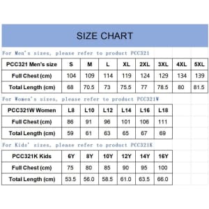 A size chart displaying measurements for men's, women's, and kids' t-shirt sizes, including chest and length dimensions.