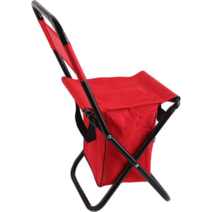A red foldable camping chair with a black metal frame and an attached carrying bag.