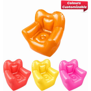 An inflatable chair in orange, with options for customisable colours, featuring a rounded back and armrests.
