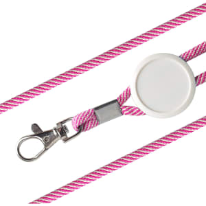 A pink and white lanyard with a retractable badge holder and a metal clip for attachment.