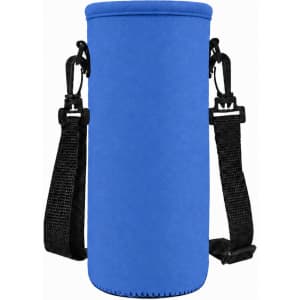 A drink bottle carrier in bright blue, featuring black adjustable straps and clips for easy transport.