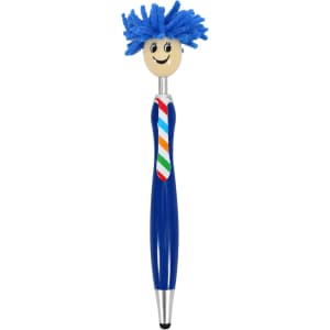 A blue pen featuring a cheerful character with a fluffy blue head and a striped tie. It has a logo on the side.