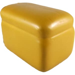 A yellow toast-shaped stress reliever with a smooth surface and a rectangular design. It has a logo on it.