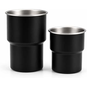A stainless steel camping mug set in black, featuring two sizes: 280ML and 500ML. Both have a sleek, modern design.