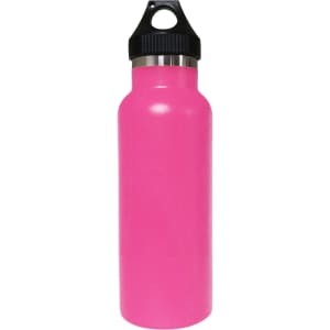 A drink bottle featuring a bright pink exterior and a black lid, designed with double wall vacuum insulation.