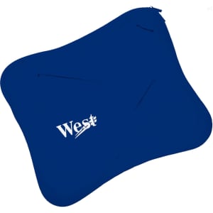 A blue Multi Pouch Laptop Bag featuring a logo, designed to accommodate various items.