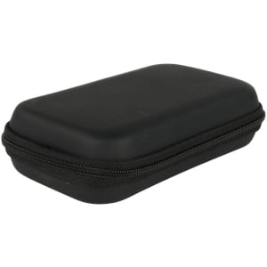 A black, rectangular zipper case with a hard shell exterior and a zipper around the edge. It features a logo.