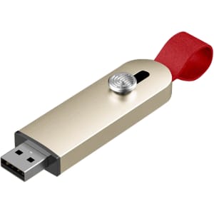 A sliding metal flash drive in gold with a red strap. The drive has a button for easy access.