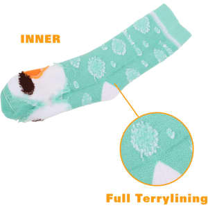 Crew Thermal socks in a mint green colour with playful patterns and a soft terry lining. Features a logo.