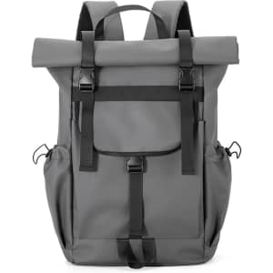 A grey polyurethane roll top backpack featuring adjustable straps, multiple compartments, and a logo.