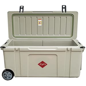 A 120L cooler box with wheels, featuring a light green colour and a logo on the side. The lid is opened.