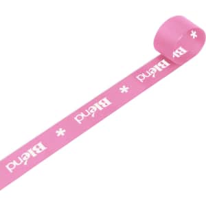 A roll of 22mm width ribbed fabric ribbon in pink with a branding logo.