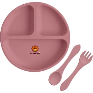 A silicone kids suction plate in a soft pink colour, featuring three compartments and accompanied by a spoon and fork.
