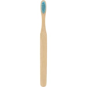 A large flat handle toothbrush with a bamboo body and blue bristles, featuring a simple design.